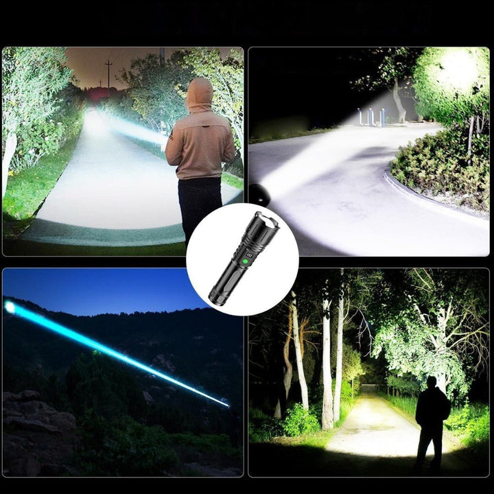 De extreem heldere lichtbundel van de 100.000 lumen LED zaklamp verlicht een donker pad volledig.