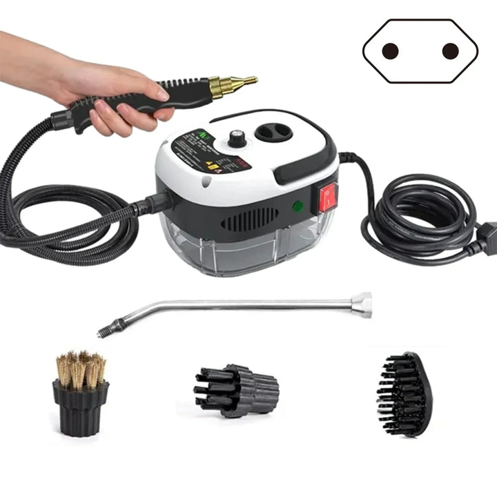 "Krachtige stoomreiniger 2500W in actie, chemievrij, voor grondige reiniging van keuken tot auto, instelbare stoomstanden."