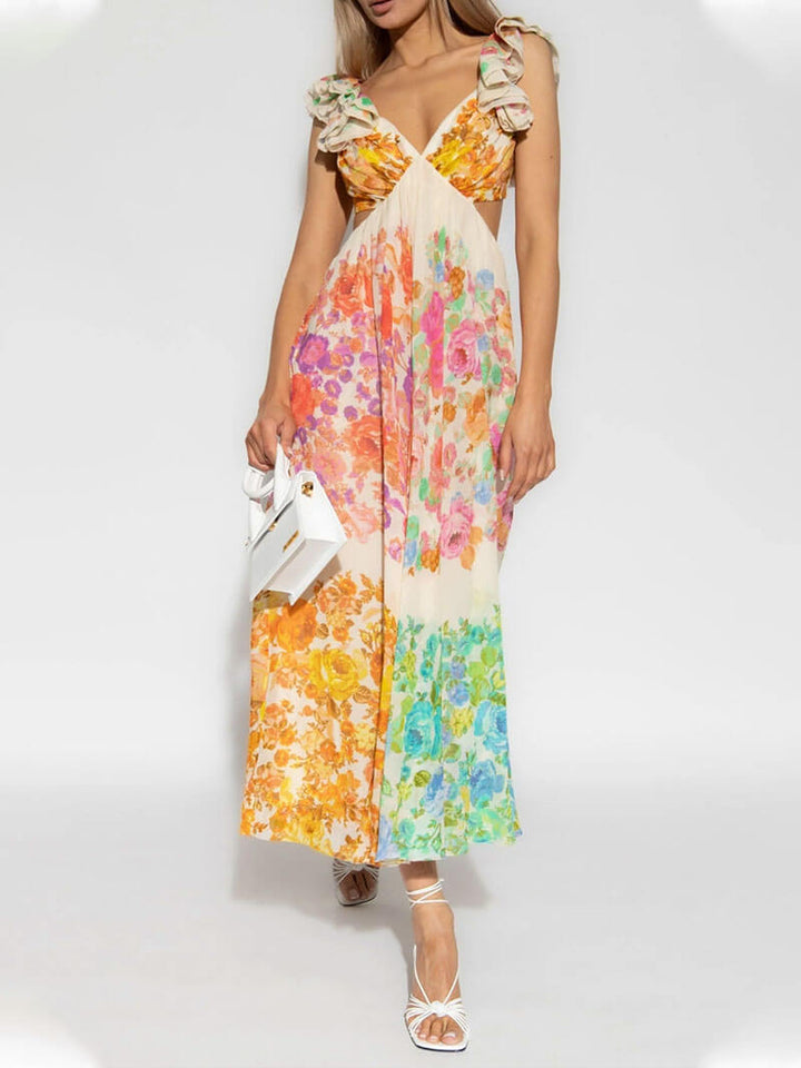 Elegante dames maxi jurk met opvallende meerkleurige bohemian print; chique voor zomerse dagen.