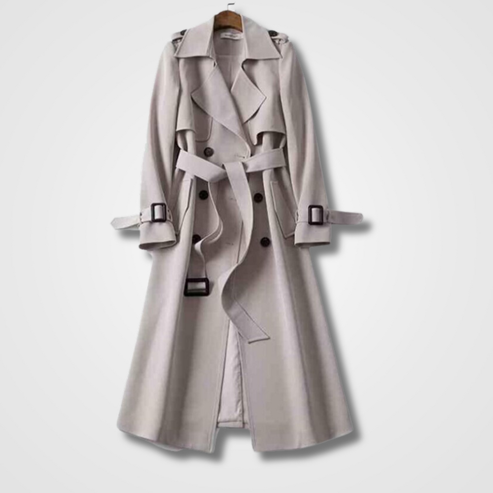 Lange dames trenchcoat met klassieke reverskraag en dubbele knoopsluiting, verkrijgbaar in diverse kleuren voor elegantie.