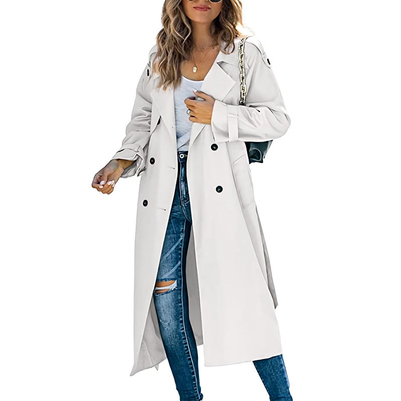 Lange dames trenchcoat van katoenmix in beige, met slank silhouet en riem, ideaal voor elk seizoen.