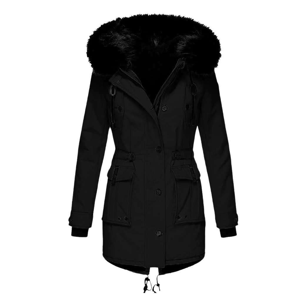 Lange dames winterjas met capuchon, gewatteerde stof en stevige rits, voor stijlvolle warmte en bescherming in de winter.