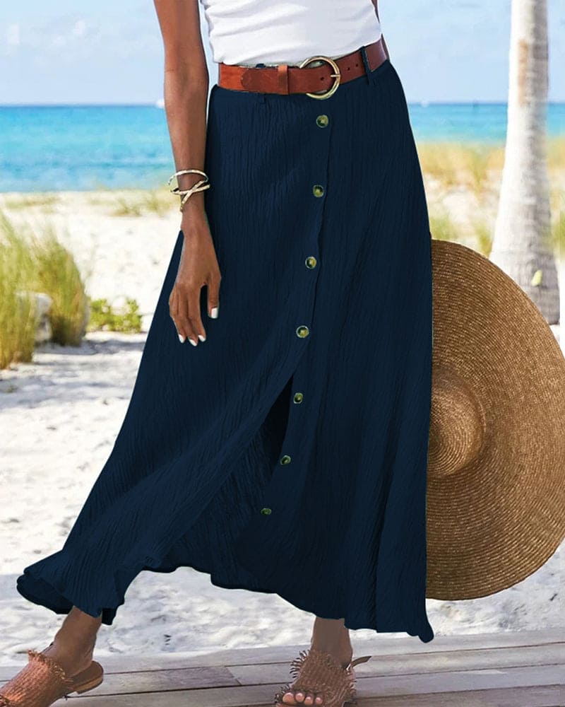 Casual-chic dames A-lijn maxi rok, gecombineerd voor een stijlvolle lente-look. Comfortabel en elegant voor vrouwen.