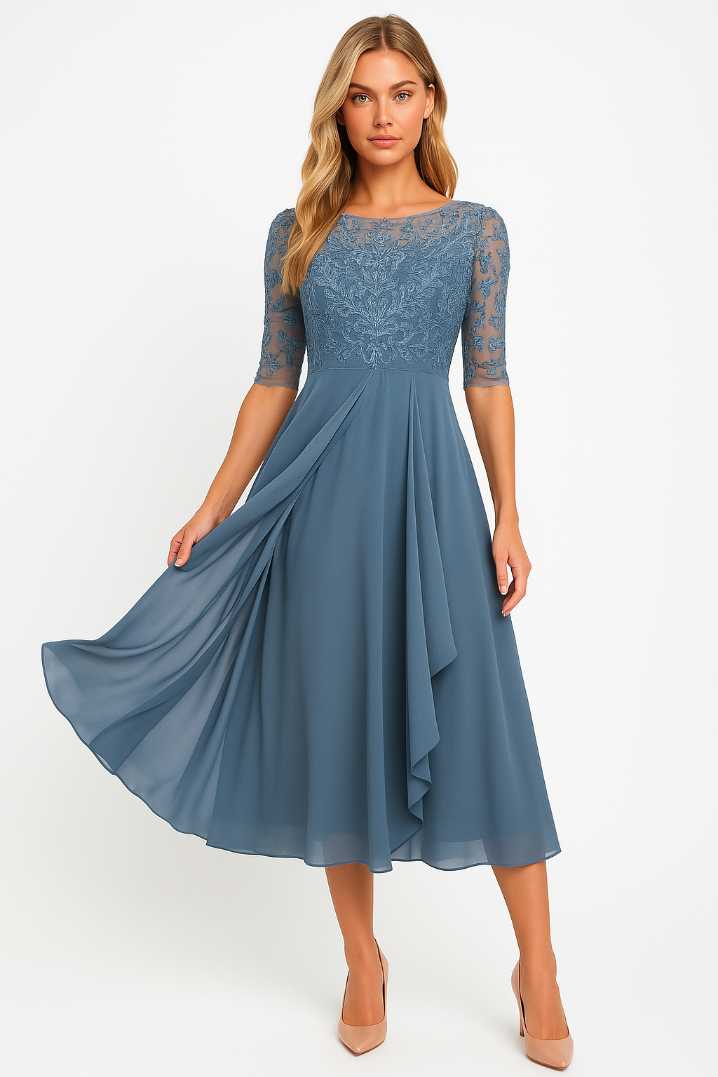 "Lange elegante dames maxi avondjurk in blauw polyester met ronde hals en halflange mouwen, zomer stijl."