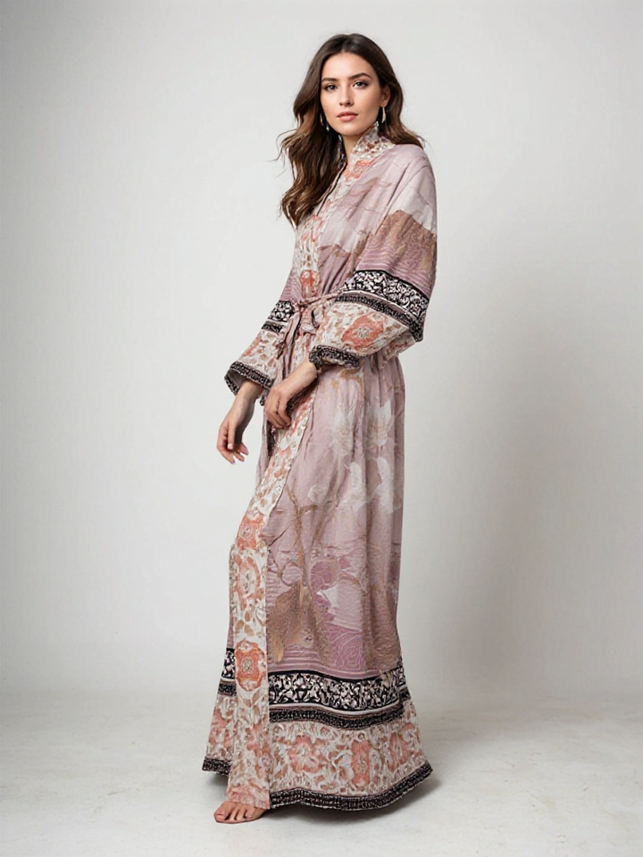 "Lange kimono dames met subtiele bloemenprint en zachte stof, vloeiende pasvorm en ceintuur in taille."