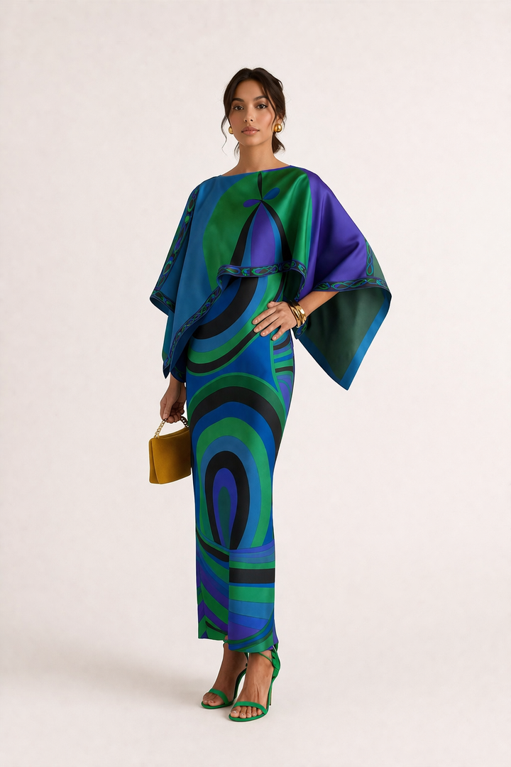 Lange tweedelige damesjurk met stijlvolle geometrische print. Perfect voor zomer of feest.