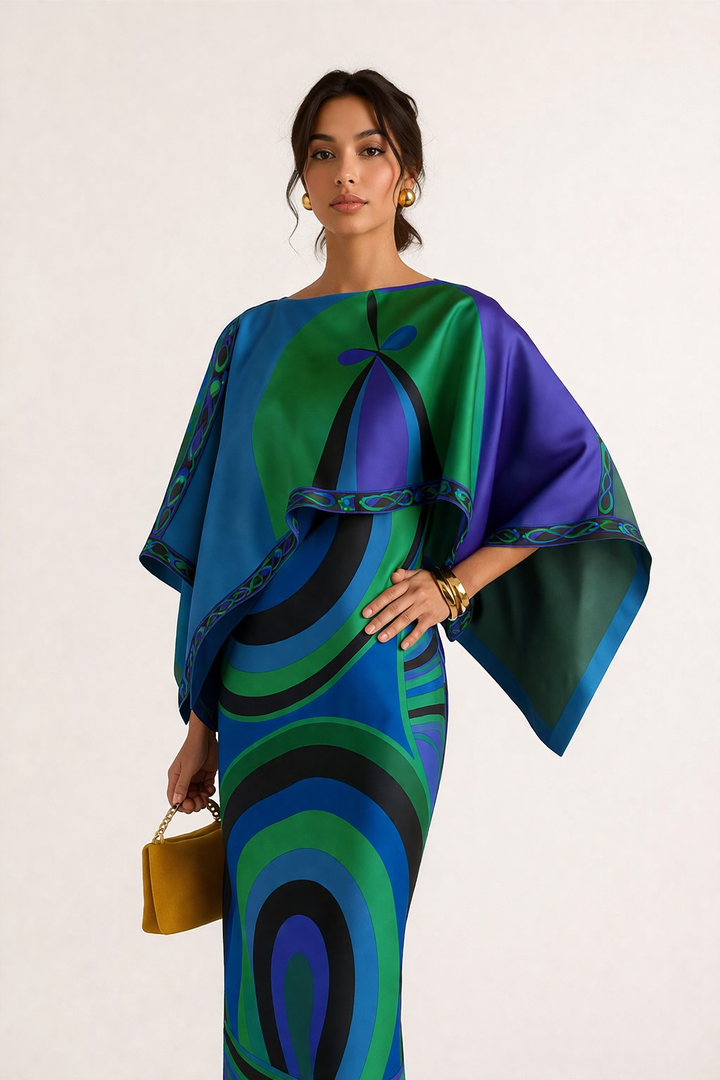 Elegante tweedelige lange damesjurk met moderne geometrische print. Ideaal als feest- of zomerjurk.