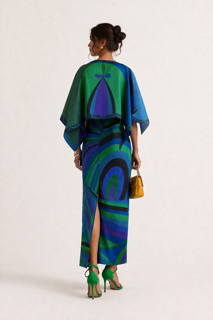Casual chic tweedelige damesjurk, lang model, met unieke geometrische print. Comfortabel en stijlvol.