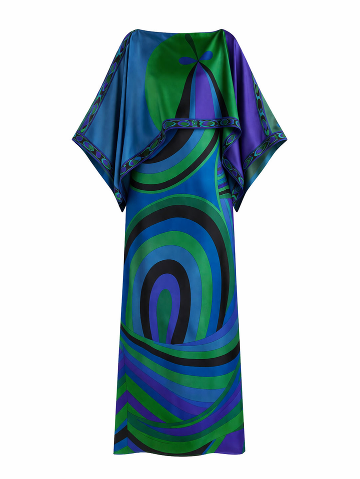 Veelzijdige lange tweedelige damesjurk met elegante geometrische print. Geschikt voor casual en chique gelegenheden.