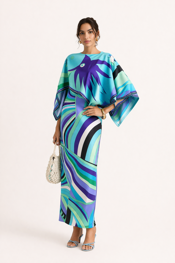 Moderne lange damesjurk, tweedelig, met dynamische geometrische print. Een echte blikvanger voor de zomer.