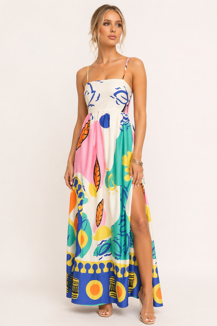 Lange witte dames zomerjurk met grafische print en elegante zijsplit, perfect voor vakantie.