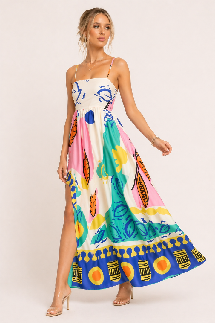 Elegante maxi damesjurk met stijlvolle grafische print en sierlijke split, ideaal als strandjurk.