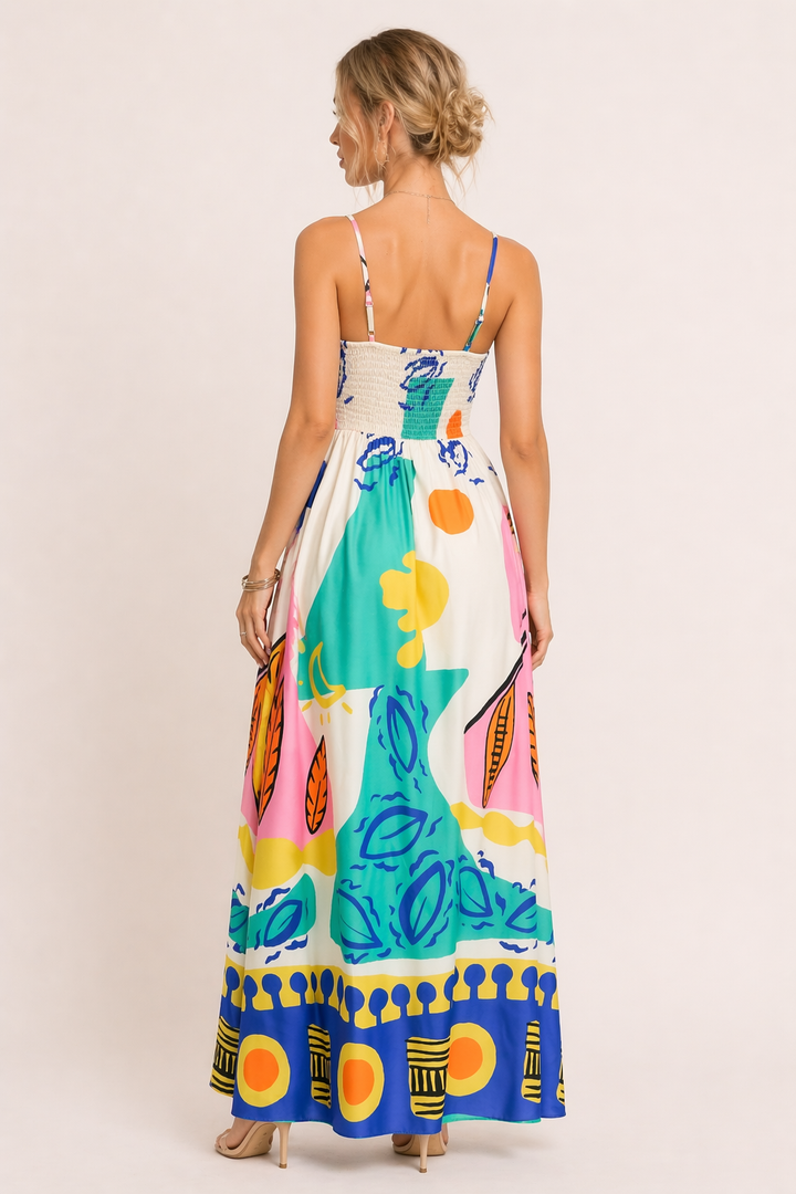Witte lange zomerjurk voor dames met unieke grafische print en flatterende zijsplit, chic en luchtig.