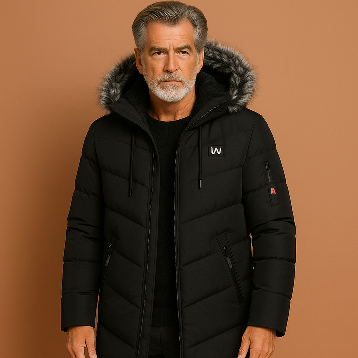 Warme heren winterjas, lang model, gevoerd met praktische capuchon. Ideaal voor herfst en winter, comfortabel en winddicht.