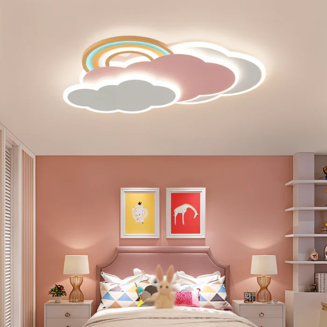 LED plafondlamp kinderkamer met kleurrijk regenbooglicht en wolkenmotieven, creëert magische sfeer en energiezuinig.