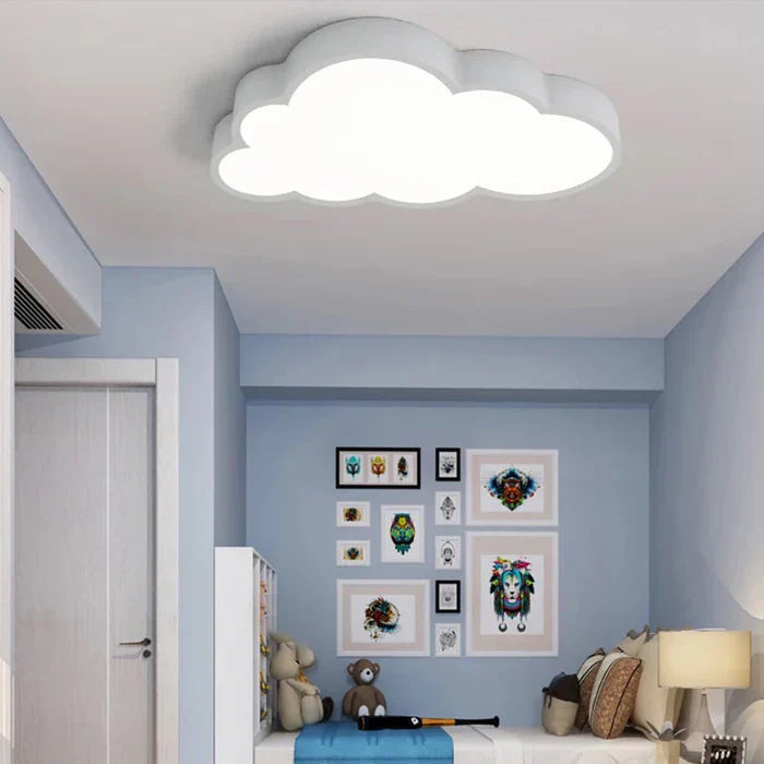 "LED plafondlamp kinderkamer met wolkenontwerp, energiezuinig en rustgevend warm wit licht, makkelijk te installeren."