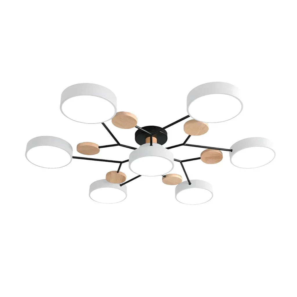 "LED plafondlamp modern Scandinavisch design, metaal en hout, artistieke lichttakken, warme en dimbare verlichting."