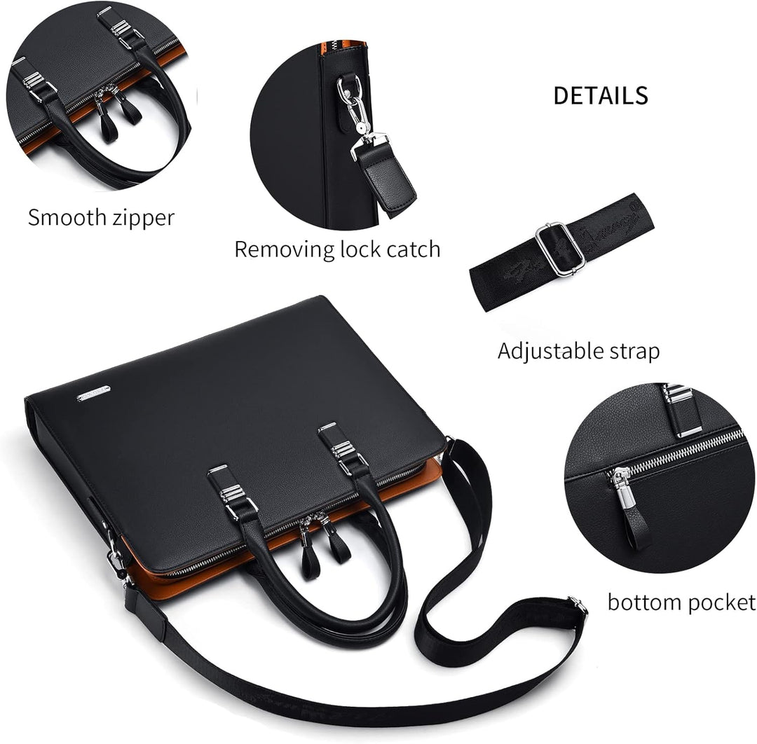 Veilige laptoptas van leer met meerdere ritsvakken voor kostbare zakelijke items en documenten.