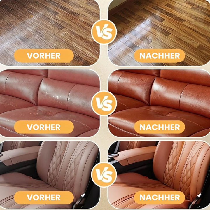 Lederbalsem aanbrengen op een leren bank voor herstel, glans en duurzame bescherming van je sofa.