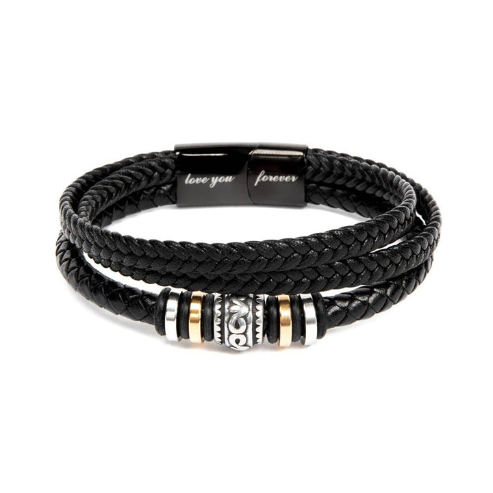 "Leren armband voor zoon met 'Love You Forever' gravure, gemaakt van bruin leer en roestvrij staal, stijlvol en emotioneel."
