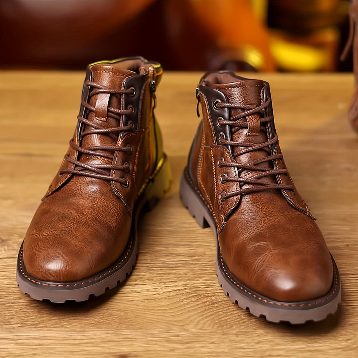 Bruine leren herenlaarzen met ritssluiting, stijlvol en comfortabel voor elke outfit.