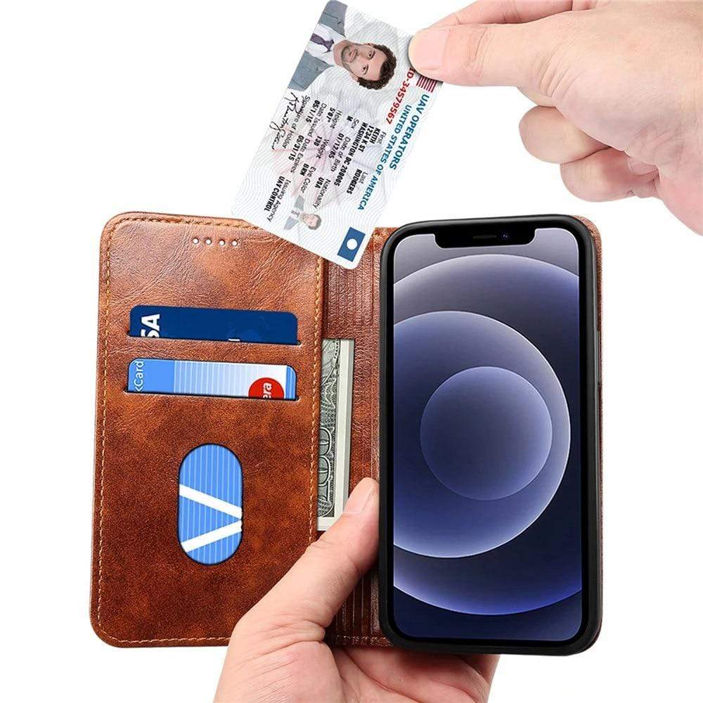 Luxe echt leer iPhone 12 mini flip cover beschermhoesje met ingebouwde wallet functie.