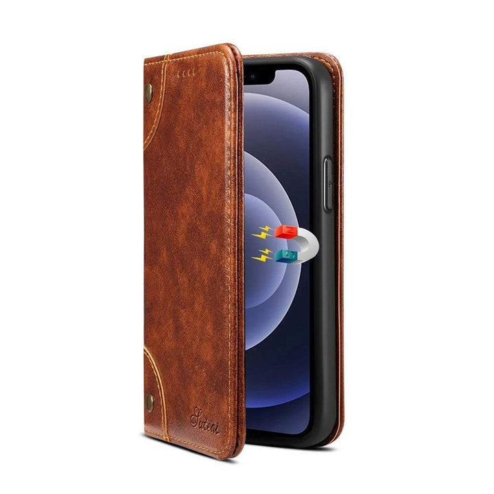 Zwart leren wallet case voor iPhone 12 Pro Max, inclusief meerdere card slots en kickstand.
