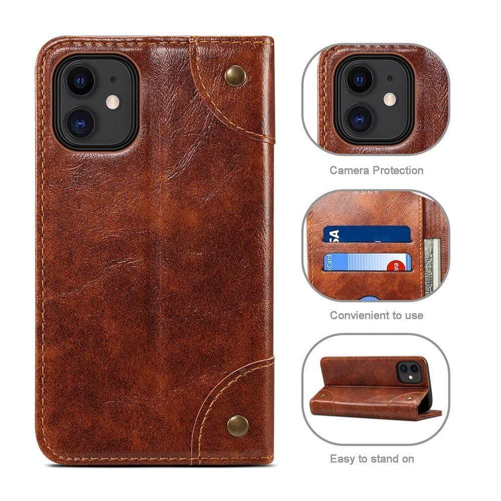 Handig bruin leren portemonnee hoesje voor iPhone 12 serie, combineert bescherming en functionaliteit.