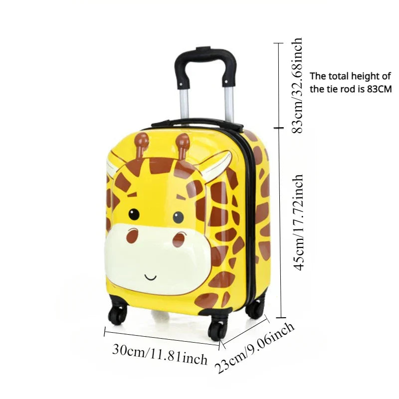 Robuuste kindertrolley met vrolijk dierendessin, ideaal voor reizen en logeerpartijen van kleine avonturiers.