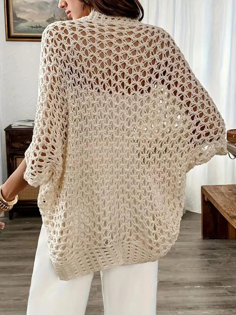 Bohemian lichtbeige dames cardigan met elegante haakwerk details en V-hals, ideaal voor een zomerse casual look.