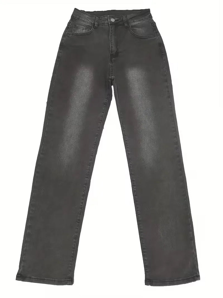 Comfortabele lichtblauwe straight jeans dames, hoge taille voor een relaxte pasvorm.
