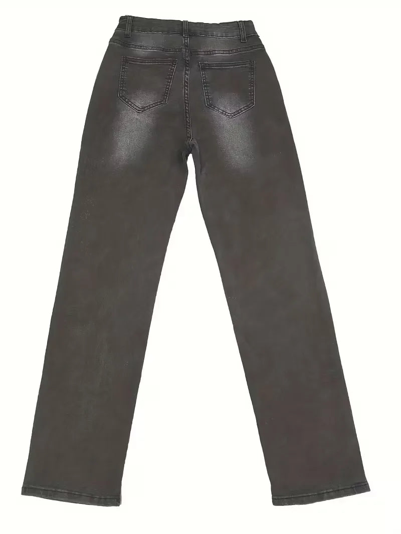 Donkergrijze dames jeans, straight model, hoge taille; een modieuze en duurzame optie.