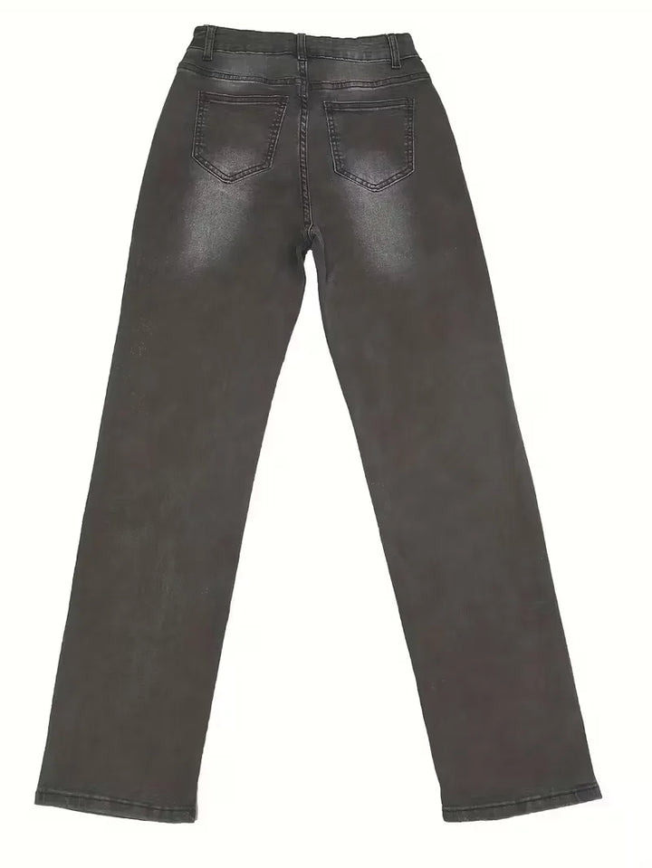 Donkergrijze dames jeans, straight model, hoge taille; een modieuze en duurzame optie.