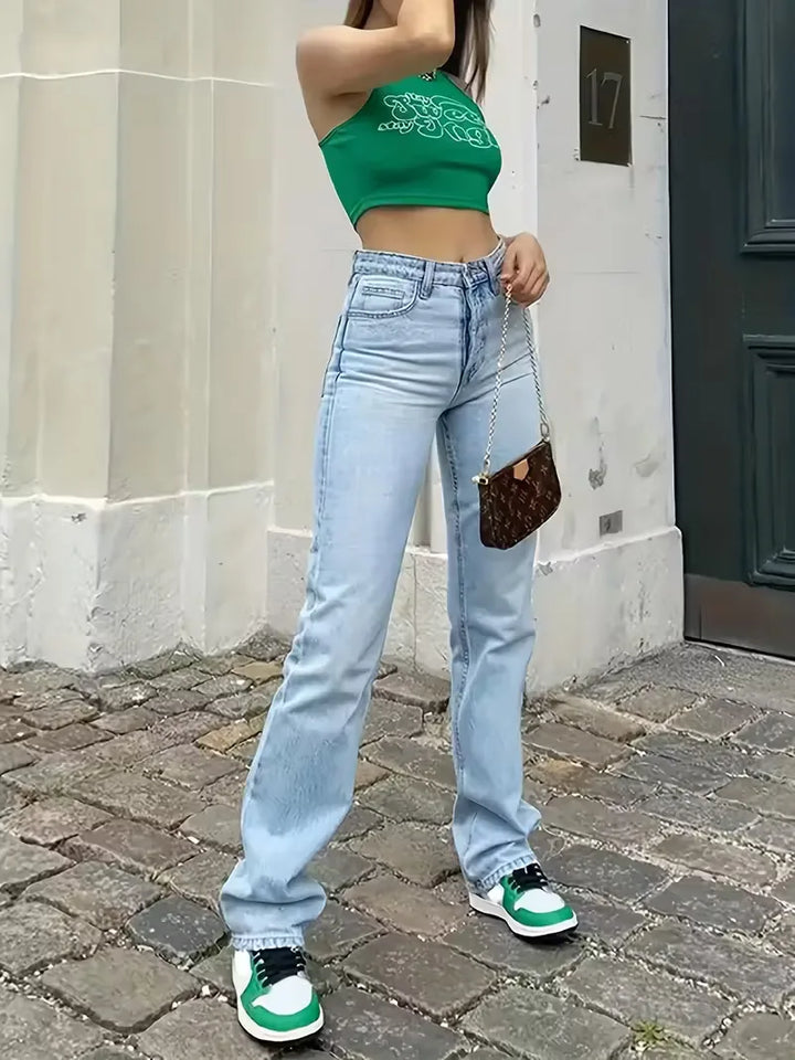 Donkergrijze straight fit jeans voor dames, hoge taille design, casual en veelzijdig.