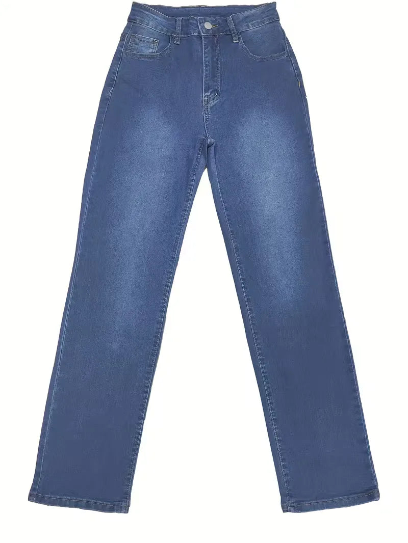 Donkergrijze straight fit jeans met hoge taille voor dames; een moderne casual essential.