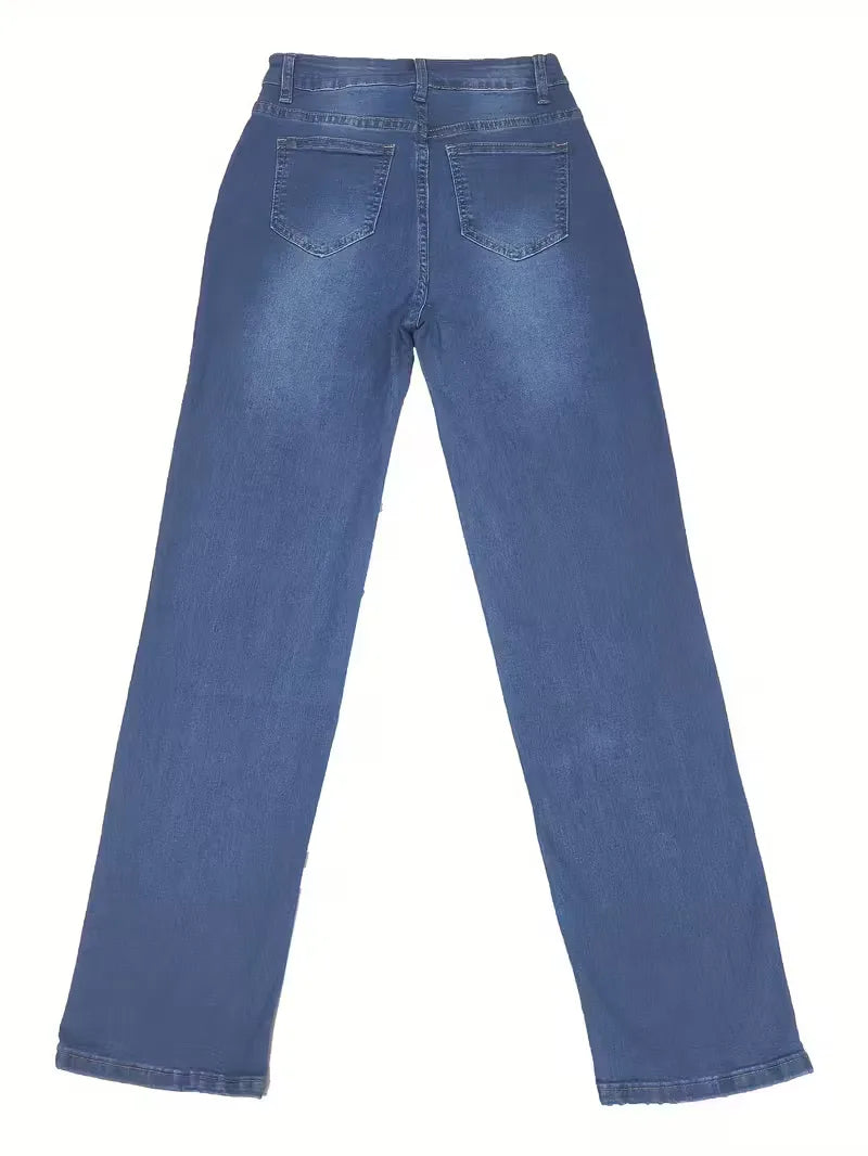 Blauwe dames straight jeans, hoge taille en casual stijl; geschikt voor lente en zomer.