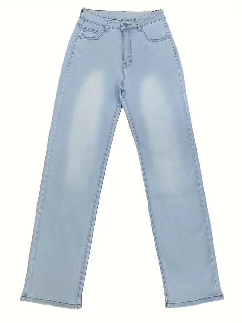 Dames straight jeans in klassiek blauw, hoge taille, ideaal voor lente- en zomeroutfits.