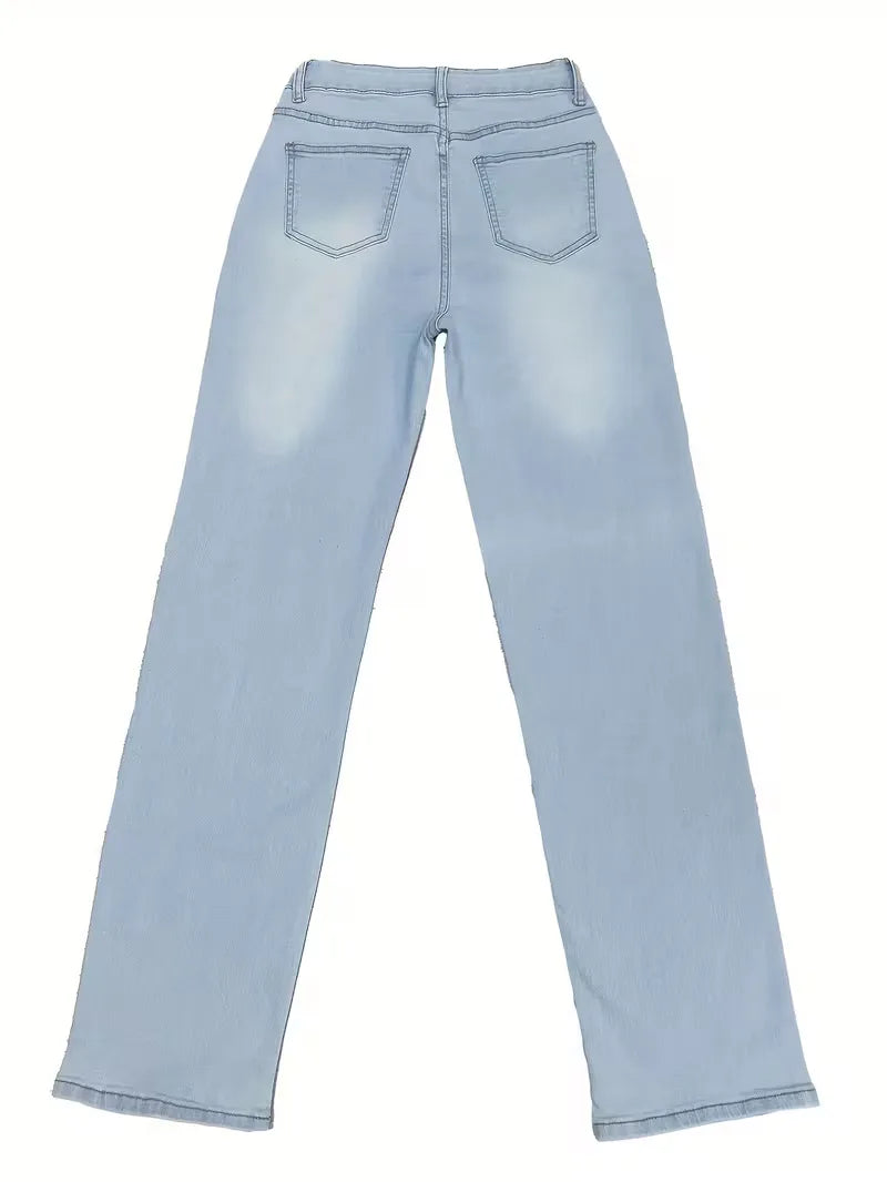 Hoge taille straight jeans voor dames, lichtblauw; een tijdloze en comfortabele keuze.
