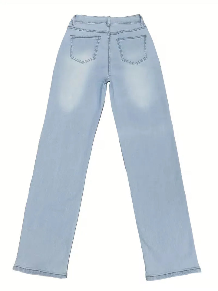Hoge taille straight jeans voor dames, lichtblauw; een tijdloze en comfortabele keuze.
