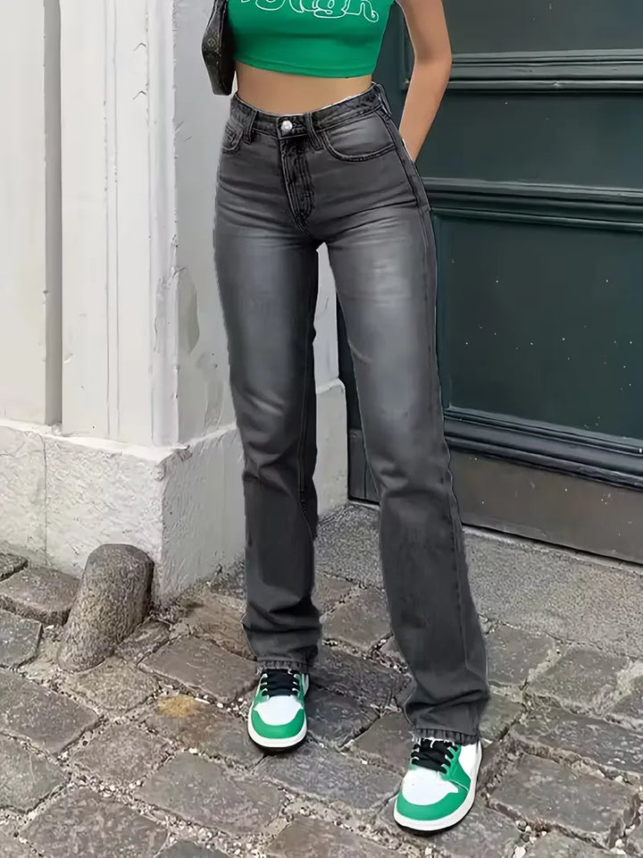 Donkergrijze straight jeans dames, hoge taille model; veelzijdig voor elke casual gelegenheid.