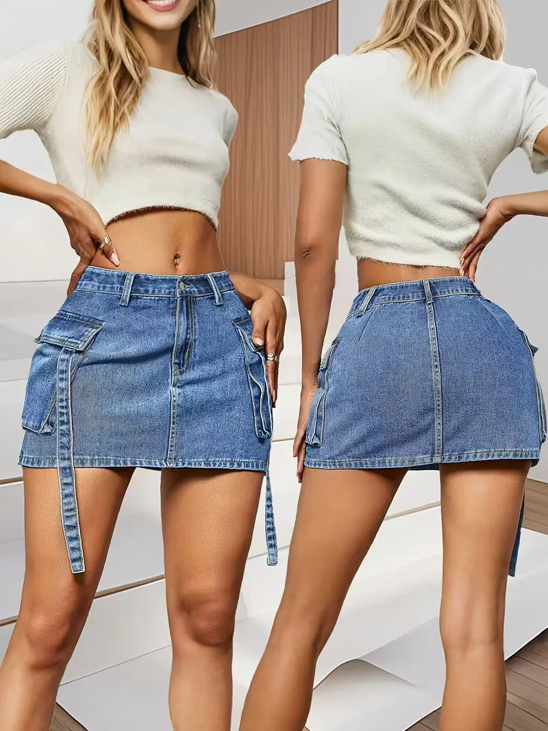 Lichtblauwe denim minirok voor dames met trendy flapzakken en knoopsluiting, perfect voor zomerse casual outfits.