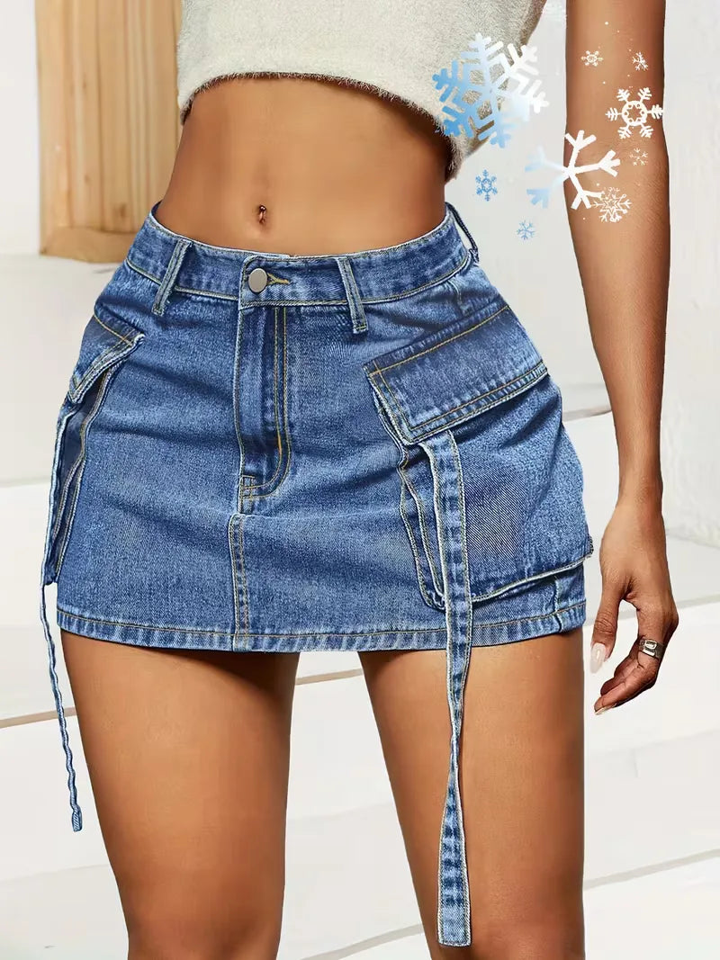 Detail van de flapzakken op een lichtblauwe casual dames denim rok, ideaal voor een streetwear look.