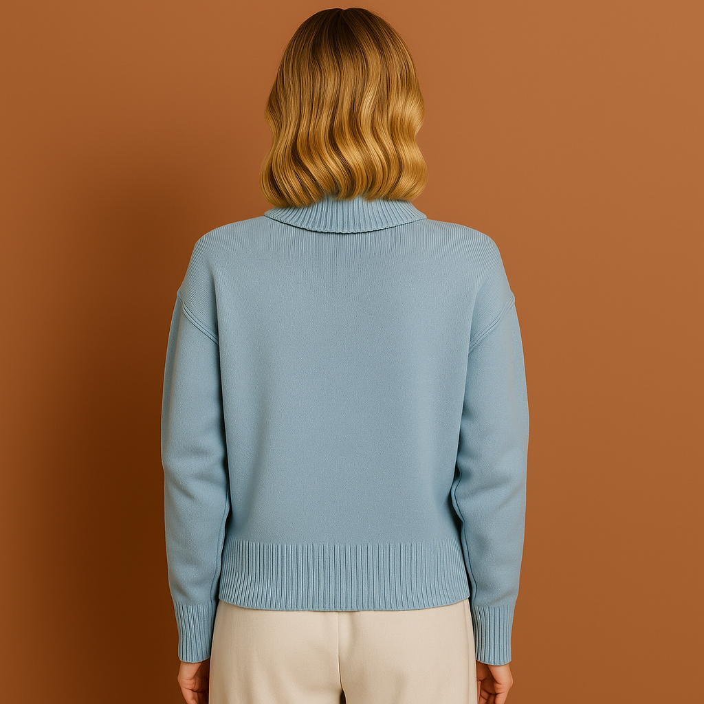 Stijlvolle gebreide dames polotrui in lichtblauw, perfect voor een casual chique herfst/winterlook.