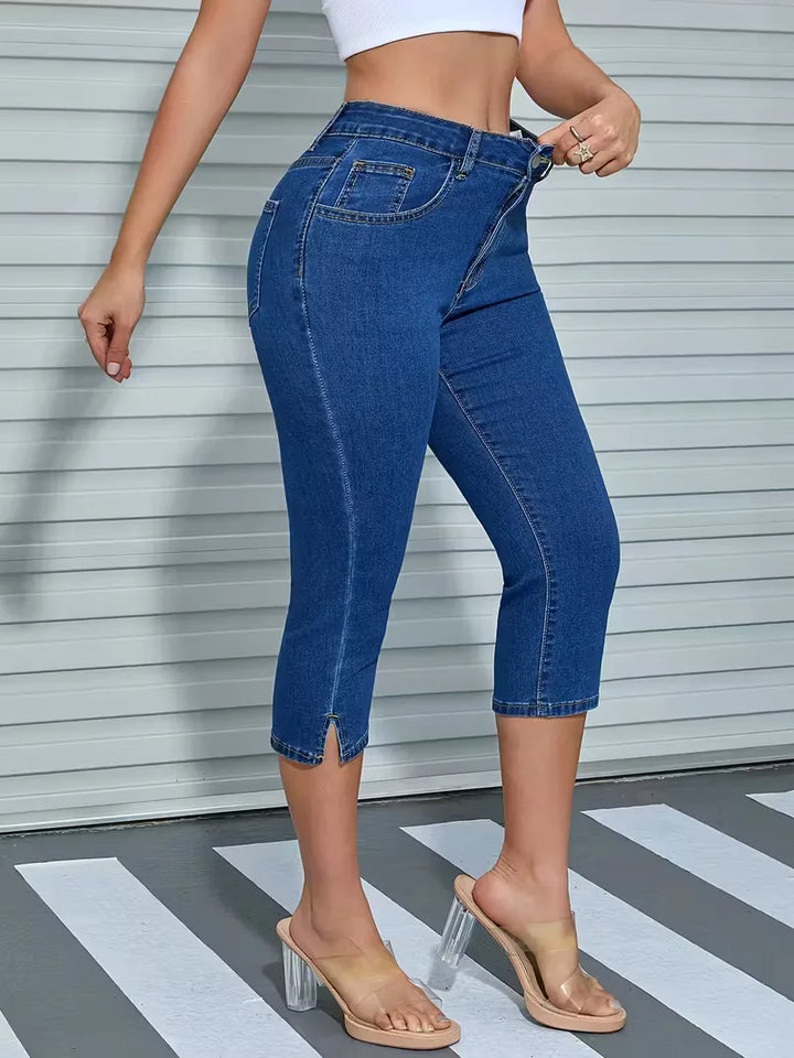 Dames skinny jeans, zwart, met unieke splitzoom en een strakke, flatterende slim fit.