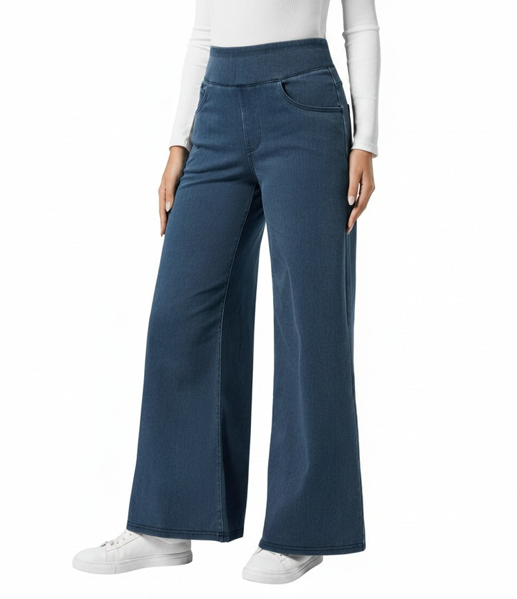 Lichtblauwe wide leg jeans met hoge taille en elastische band voor dames, zeer comfortabel.