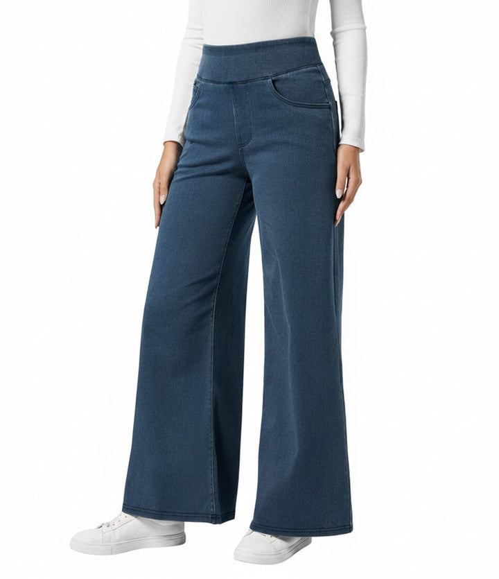 Lichtblauwe wide leg jeans met hoge taille en elastische band voor dames, zeer comfortabel.