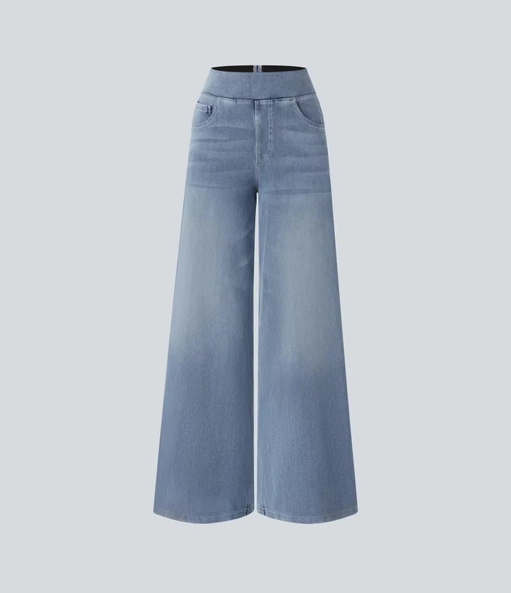Lichtblauwe spijkerbroek dames, wide leg model, hoge elastische taille voor dagelijks gebruik.