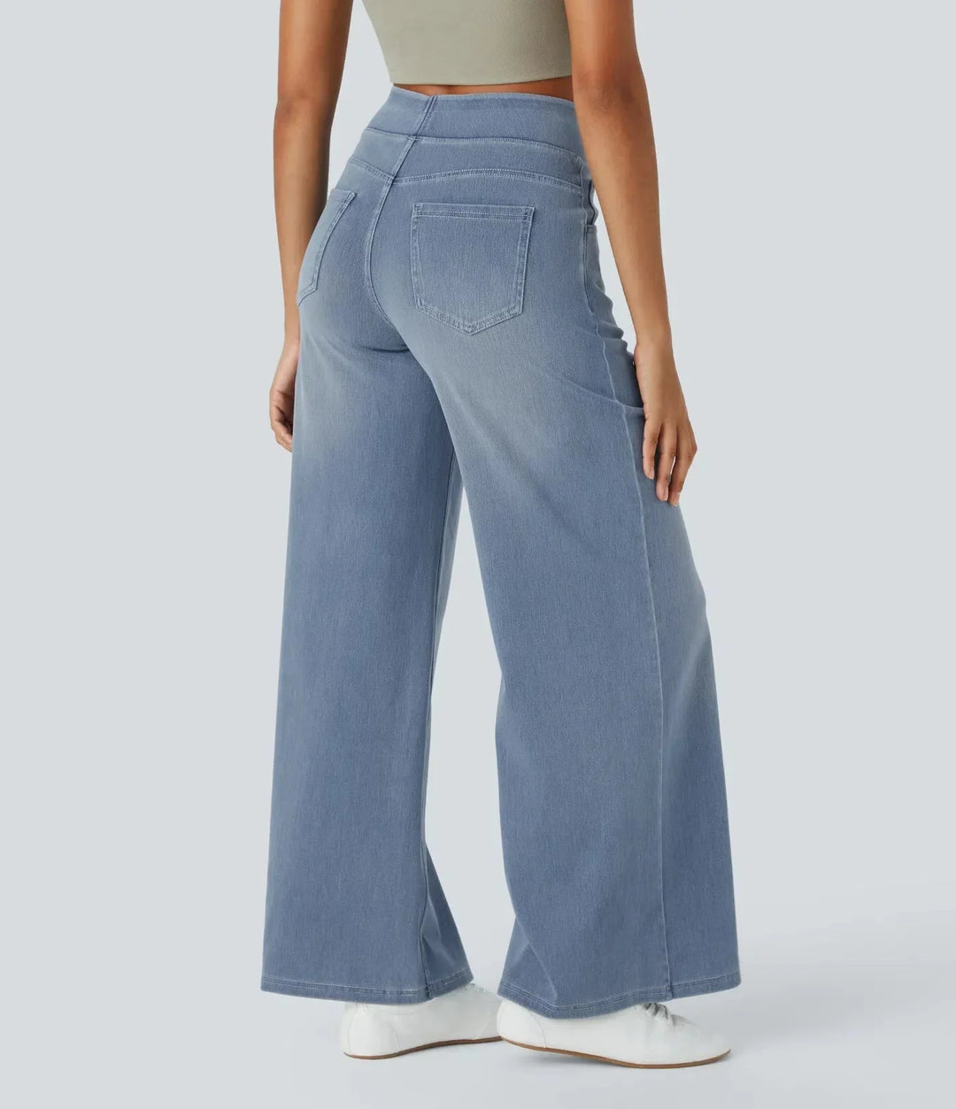 Modieuze lichtblauwe dames wide leg jeans met hoge taille, pull-on stijl voor gemak.