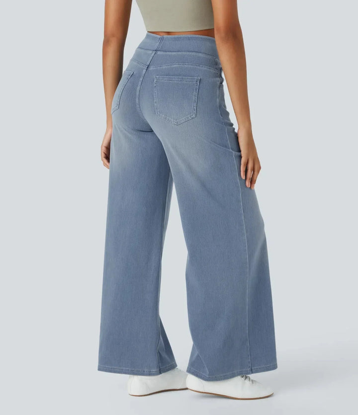 Modieuze lichtblauwe dames wide leg jeans met hoge taille, pull-on stijl voor gemak.