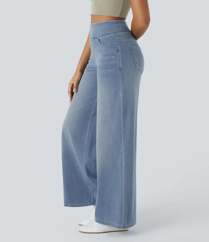 Comfortabele lichtblauwe wide leg jeans voor dames, hoge taille en flexibele elastische band.